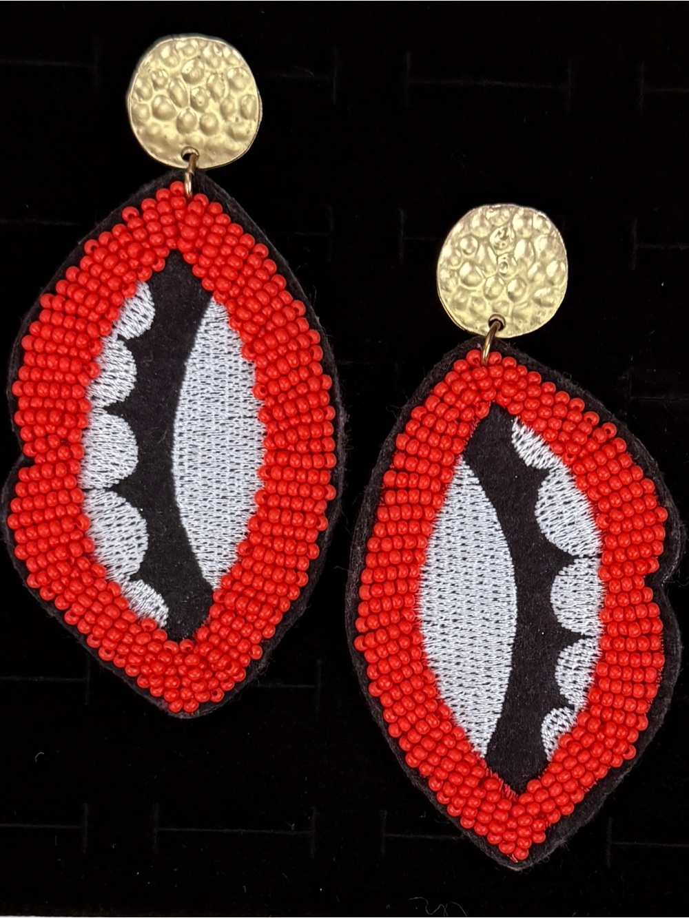 Statement Red Seed Bead Embroidered Lip Pierced Post Earrings